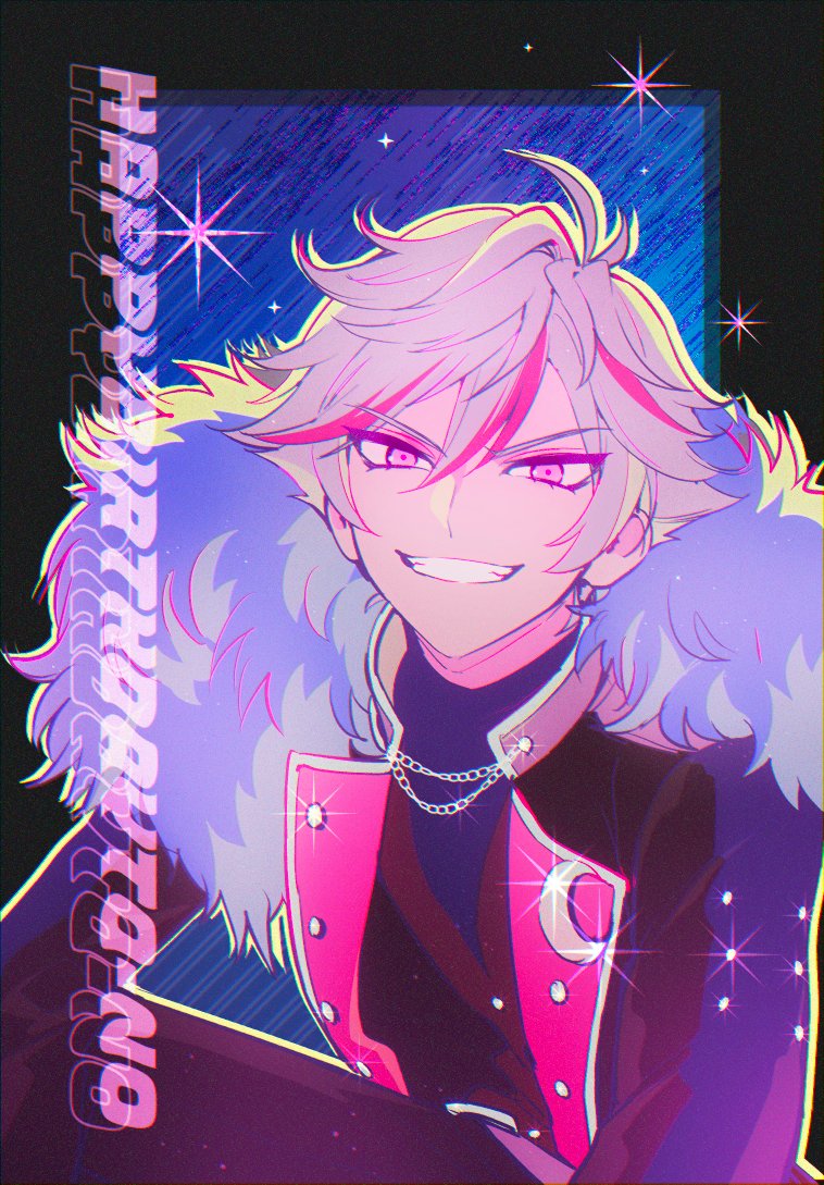 1boy, backlighting, bishounen, black_jacket, chain_necklace, crescent, fur-trimmed_jacket, fur_trim, grin, hair_between_eyes, happy_birthday, idol_land_pripara, jacket, jewelry, long_sleeves, looking_at_viewer, male_focus, multicolored_hair, necklace, o4ritarou, ooedo_shinya, open_clothes, open_jacket, open_mouth, pink_eyes, pink_hair, pretty_(series), pripara, short_hair, smile, solo, streaked_hair, white_hair