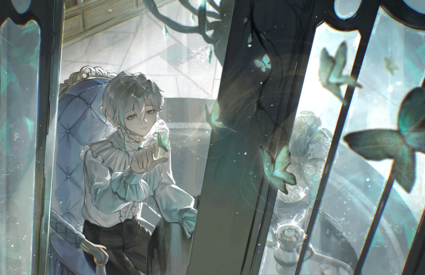 1boy, aqua_butterfly, aqua_gemstone, aqua_hair, armchair, black_pants, blue_eyes, braid