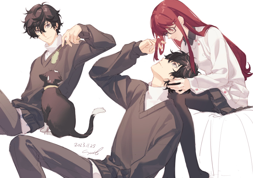 1boy, 1girl, absurdres, alternate_costume, amamiya_ren, artist_name, black-framed_eyewear, black_hair