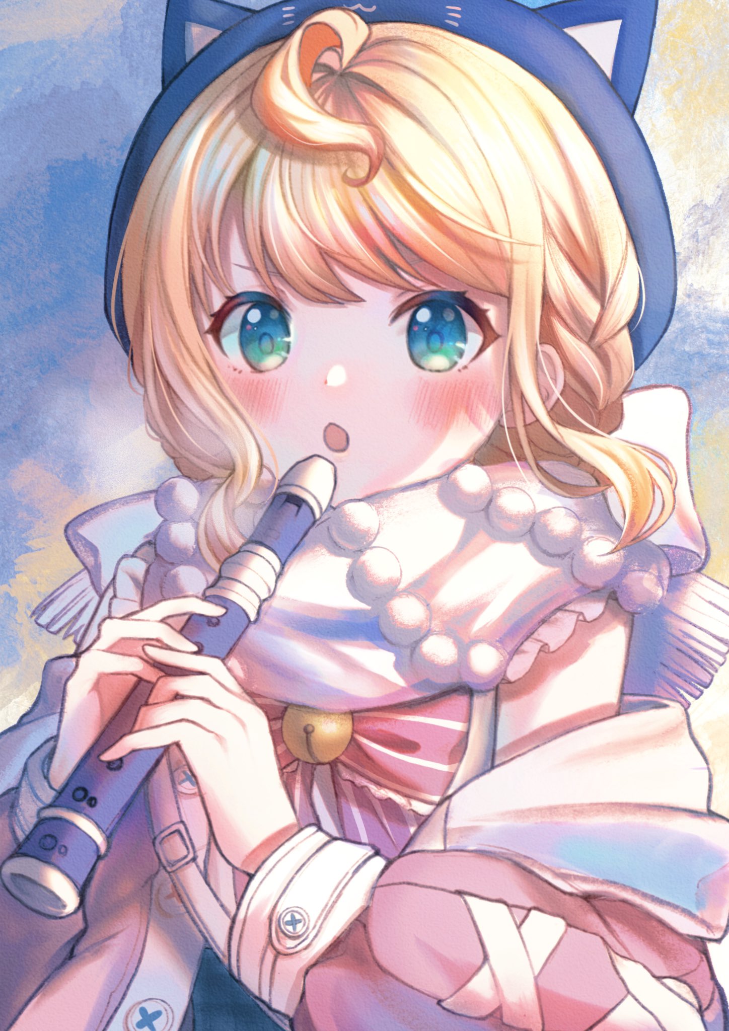 1girl, ahoge, animal_hat, bell, blonde_hair, blue_eyes, blush, bow