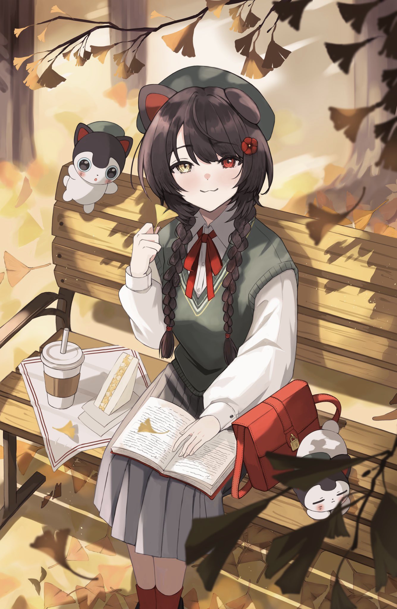 1girl, animal_ears, bag, beret, book, braid, brown_hair, dog_ears
