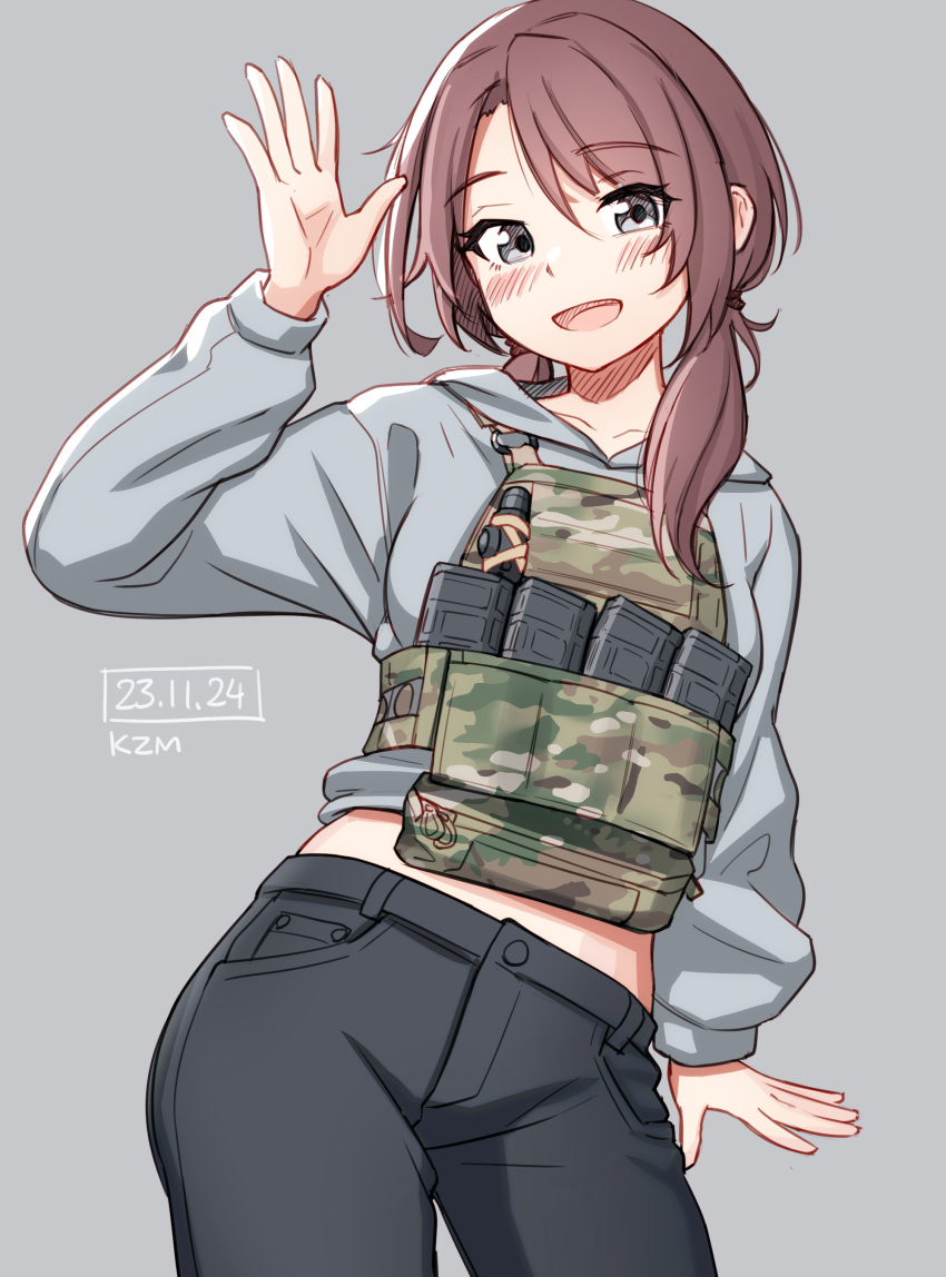 1girl, absurdres, black_pants, blue_background, blue_eyes, blue_sweater, borrowed_character, brown_hair