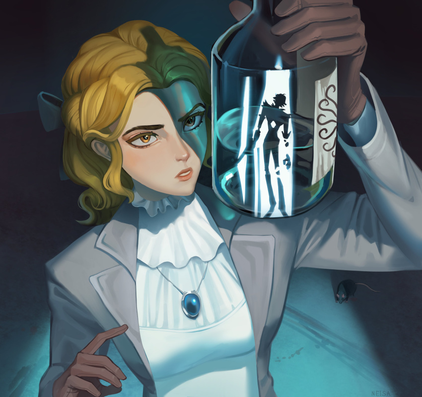 1boy, 1girl, absurdres, alice_deross, blonde_hair, blue_bow, bottle, bow