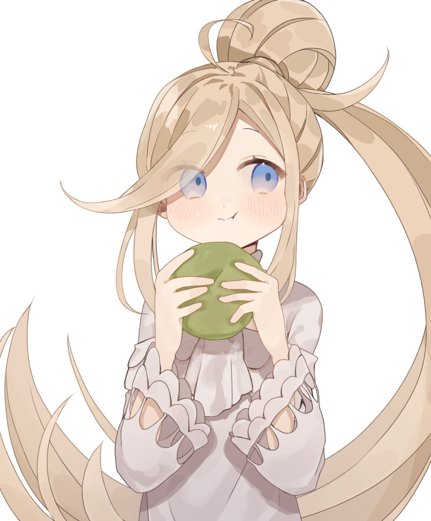 1girl, :t, blonde_hair, blue_eyes, child, dress, eating, food