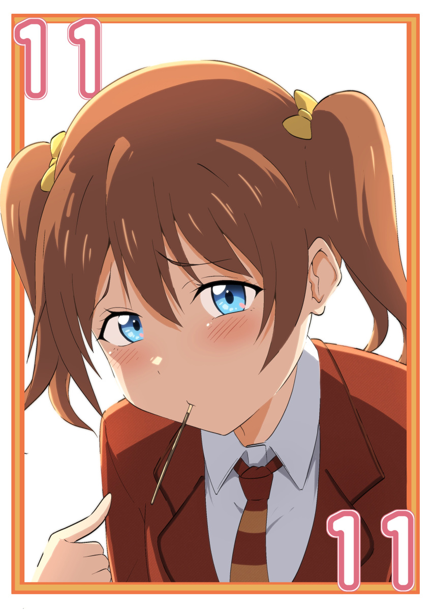 1girl, absurdres, blue_eyes, blush, bow, brown_hair, closed_mouth, commentary_request