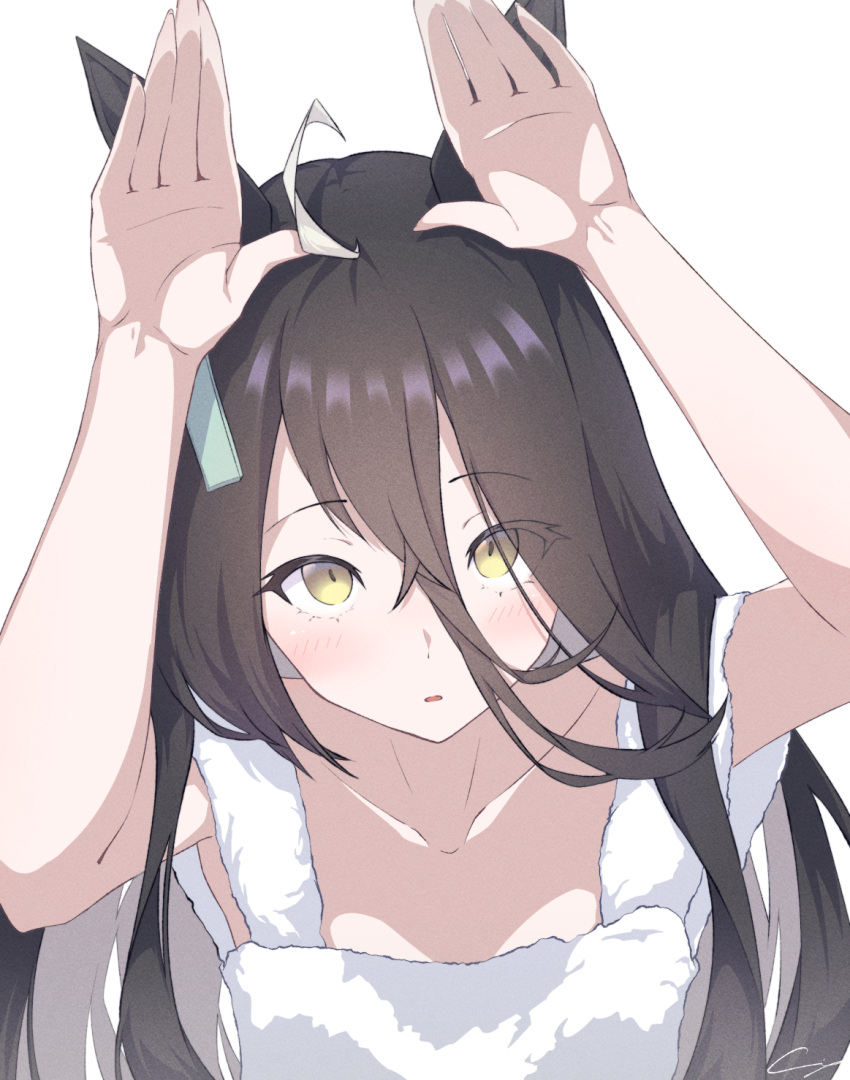 1girl, ahoge, black_hair, ci4, dress, earrings, hands_up, highres