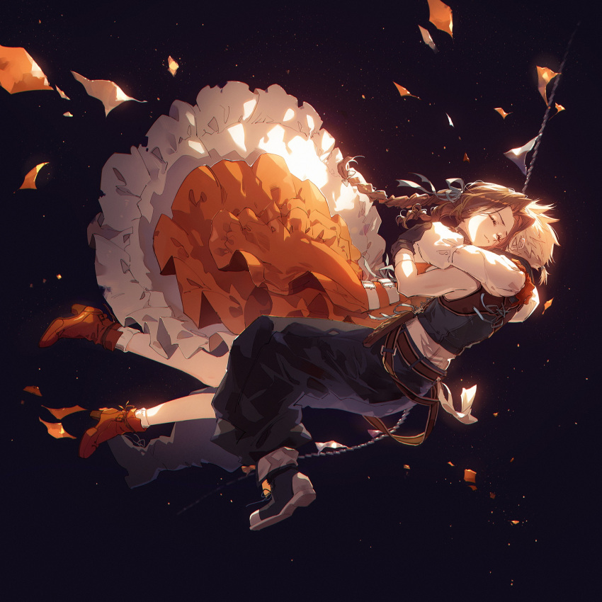 1boy, 1girl, aerith_gainsborough, black_background, black_footwear, black_pants, black_shirt, blonde_hair