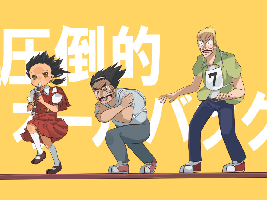 1girl, 2boys, backpack, bag, bangs_blown_up, belt, black_belt, black_hair