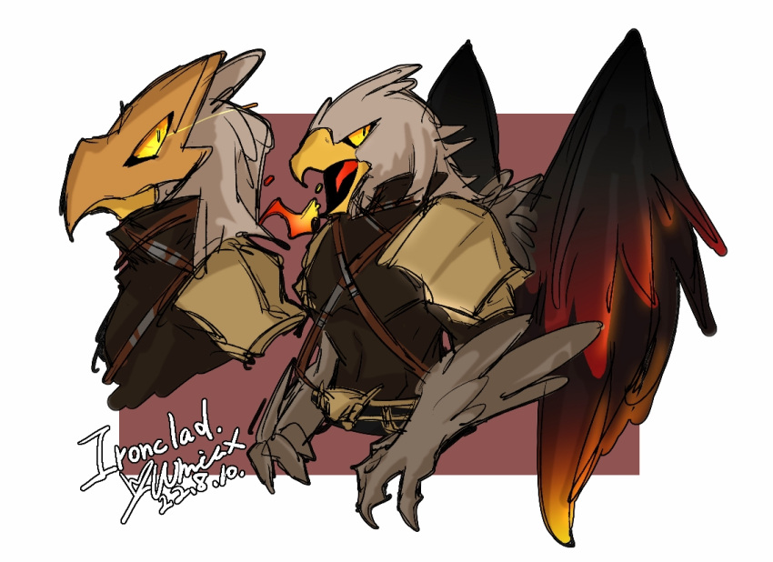 1boy, armor, beak, belt, feathered_wings, male_focus, mask, multiple_views