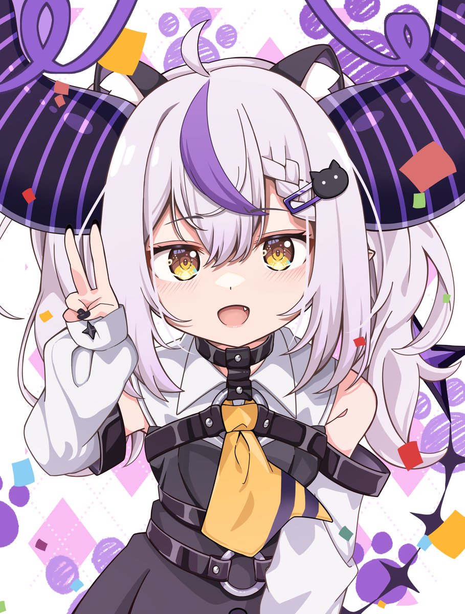 1girl, ahoge, animal_ear_fluff, animal_ears, ascot, bare_shoulders, black_horns, black_nails