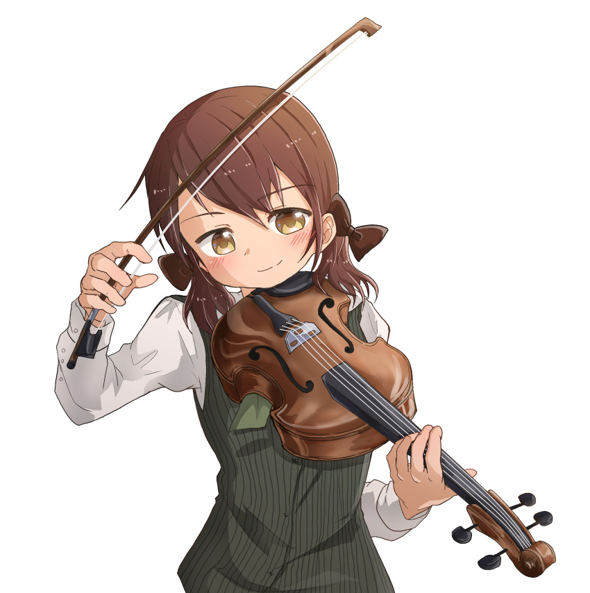 1girl, absurdres, blush, bow, brown_bow, brown_hair, hair_bow, highres, holding_bow_(music), instrument, jetracer, juni_argiano, long_sleeves, medium_hair, music, playing_instrument, quartett!, school_uniform, shirt, short_twintails, simple_background, smile, solo, twintails, vest, viola_(instrument), white_background, white_shirt, yellow_eyes