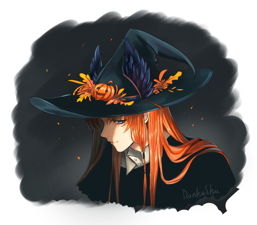 arknights, bird_boy, black_cloak, black_veil, cloak, coat, dankashu, facial_mark, feather_hair, forehead_jewel, forehead_mark, halloween_costume, head_wings, highres, male_focus, orange_hair, parted_bangs, passenger_(arknights), passenger_pigeon, veil, wings