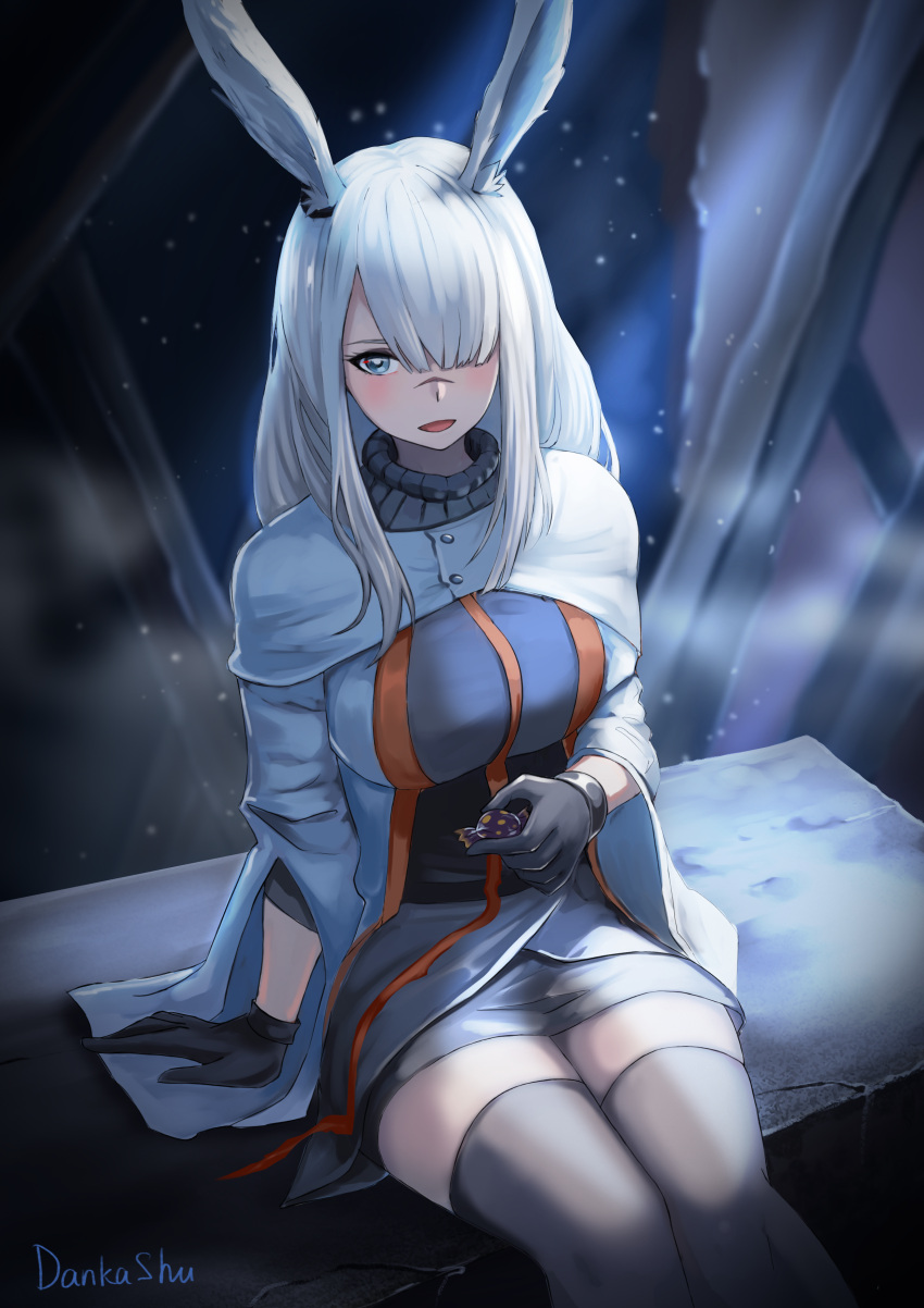 absurdres, animal_ears, arknights, coat, dankashu, ear_ornament, frostnova_(arknights), grey_eyes, hair_ornament, hair_over_one_eye, hairclip, highres, rabbit_ears, rabbit_girl, ring_hair_ornament, scar, scar_on_face, scar_on_nose, white_coat