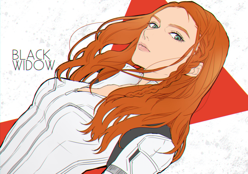 1girl, black_widow, black_widow_(film), bodysuit, braid, breasts, character_name, closed_mouth, commentary_request, green_eyes, highres, lips, long_hair, looking_at_viewer, marvel, marvel_cinematic_universe, medium_breasts, natasha_romanoff, orange_hair, simple_background, single_braid, solo, standing, white_background, white_bodysuit, yoma, zipper