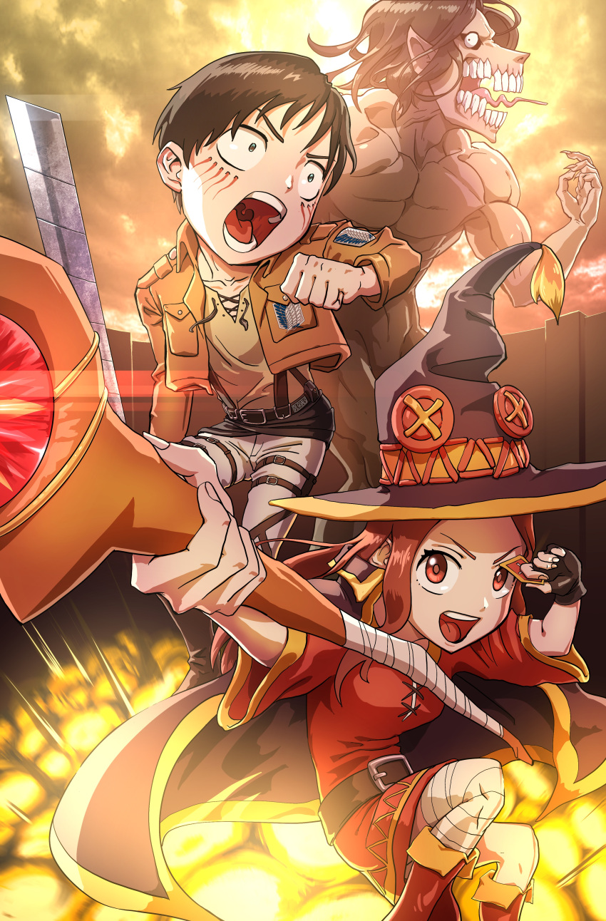 absurdres, bandages, belt, brown_belt, brown_cape, cape, collarbone, commentary, commentary_request, cosplay, dlgoalsdash, dress, eren_yeager, eren_yeager_(cosplay), explosion, eyepatch, highres, holding, holding_staff, kaji_yuuki, karakai_jouzu_no_takagi-san, kono_subarashii_sekai_ni_shukufuku_wo!, long_sleeves, megumin, megumin_(cosplay), nishikata, off-shoulder_dress, off_shoulder, open_mouth, red_dress, red_footwear, shingeki_no_kyojin, short_dress, staff, takagi-san, takahashi_rie, teeth, titan_(shingeki_no_kyojin), tongue, tongue_out, voice_actor_connection