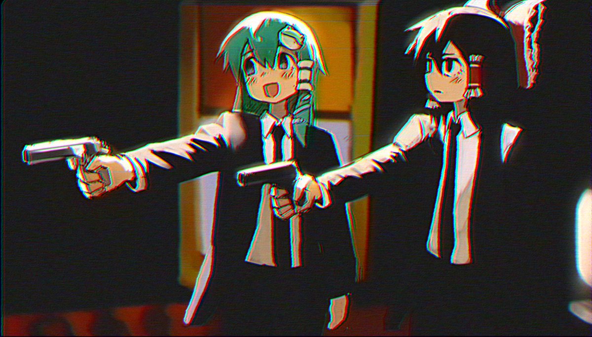 2girls, black_jacket, black_necktie, black_pants, bow, brown_hair, chromatic_aberration, cosplay, formal, frog_hair_ornament, green_hair, gun, hair_bow, hair_ornament, hakurei_reimu, handgun, jacket, jules_winnfield, jules_winnfield_(cosplay), kochiya_sanae, looking_at_another, multiple_girls, necktie, nyztsune, open_clothes, open_jacket, pants, pulp_fiction, red_bow, scene_reference, shirt, suit, touhou, vhs_artifacts, vincent_vega, vincent_vega_(cosplay), weapon, white_shirt
