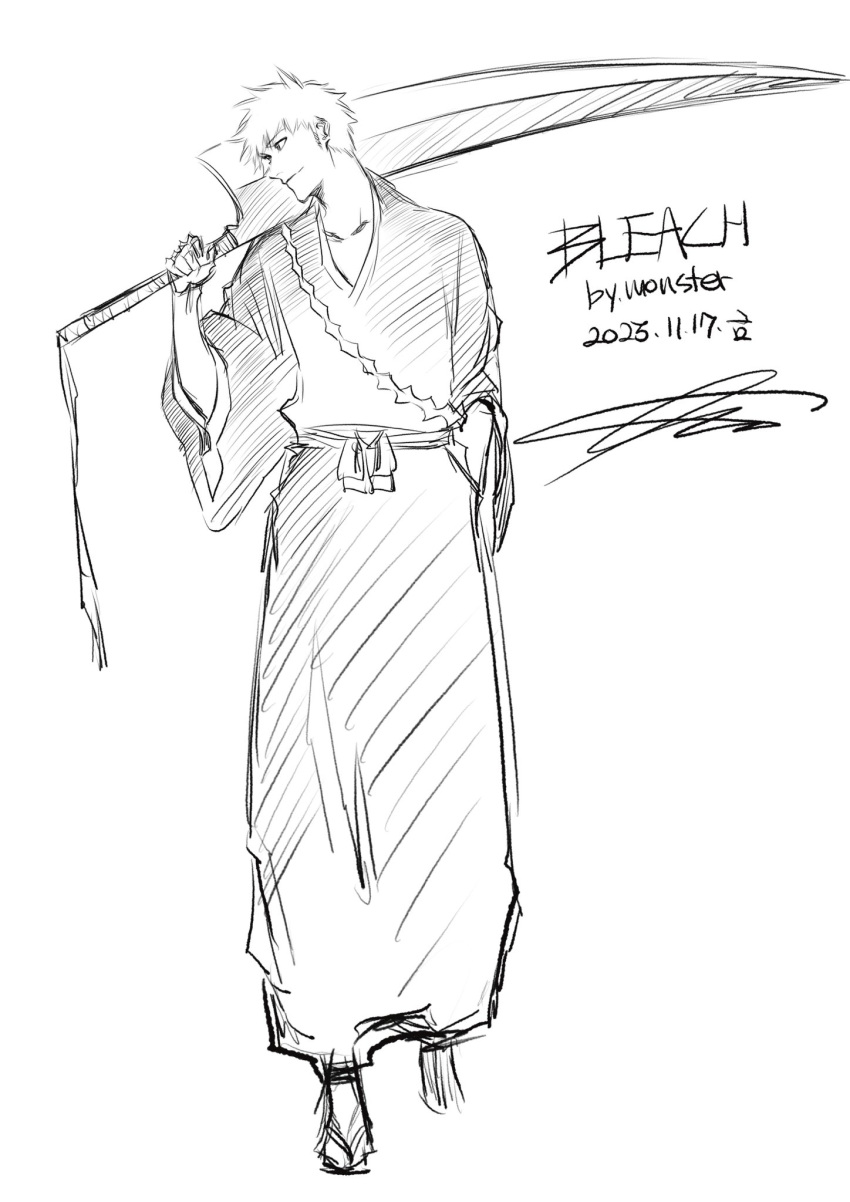 1boy, artist_name, bleach, collarbone, copyright_name, dated, full_body, hakama