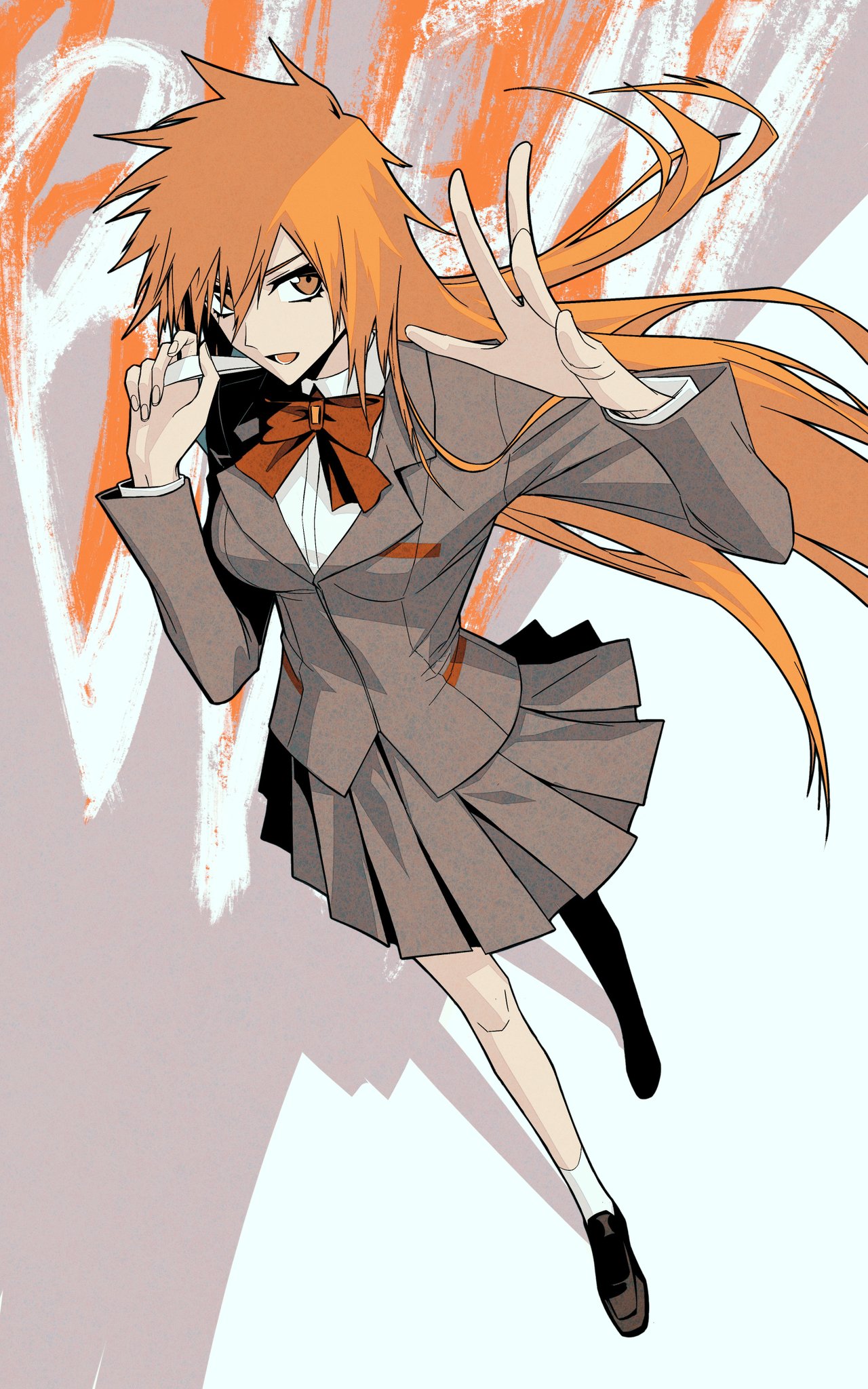 1girl, arm_up, bag, black_footwear, bleach, bow, breasts, brown_jacket