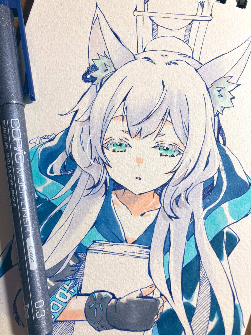 1girl, animal_ear_fluff, animal_ears, arknights, art_tools_in_frame, black_gloves, blue_jacket, bracelet