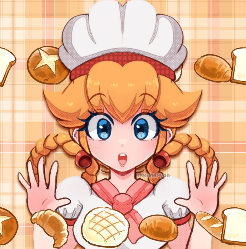 1girl, absurdres, baguette, blue_eyes, braided_hair_rings, bread, breasts, chef_hat