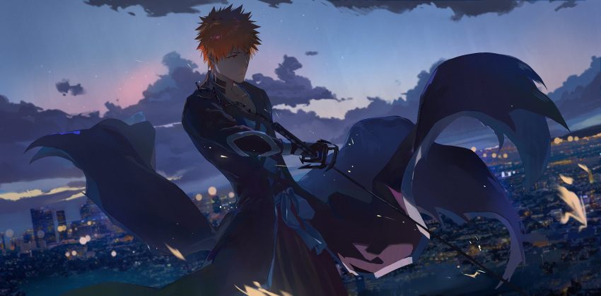 1boy, absurdres, arm_guards, bankai, black_hakama, bleach, chain, city_lights