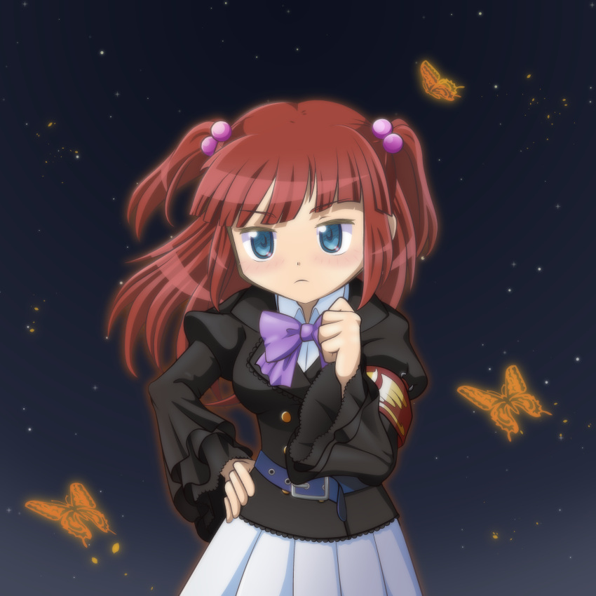 1girl, beads, blue_eyes, bug, butterfly, cinching_belt, hair_beads, hair_ornament