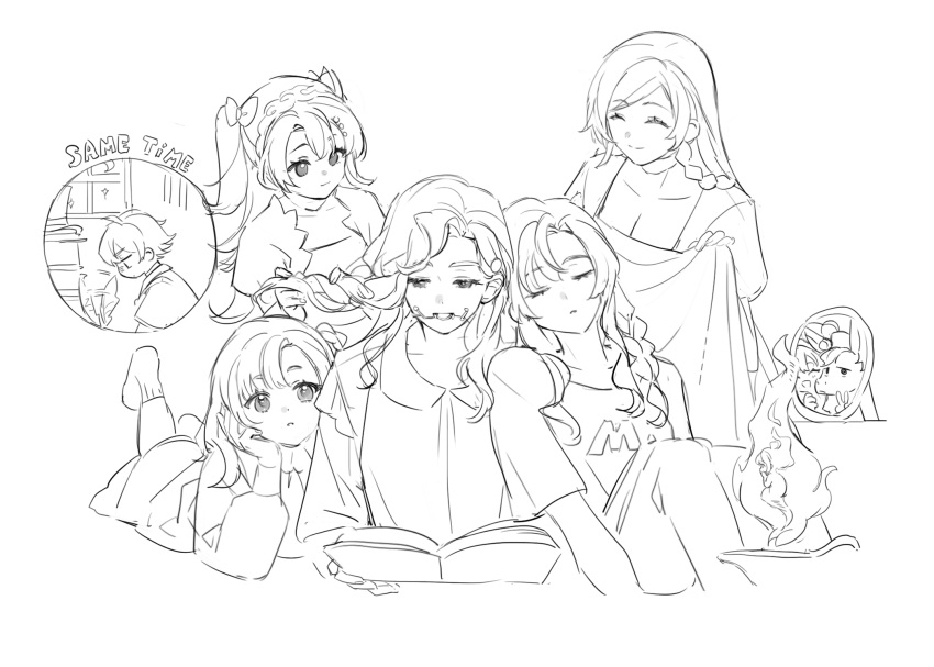2boys, 6+girls, blanket, book, braces, braid, braiding_hair, character_request