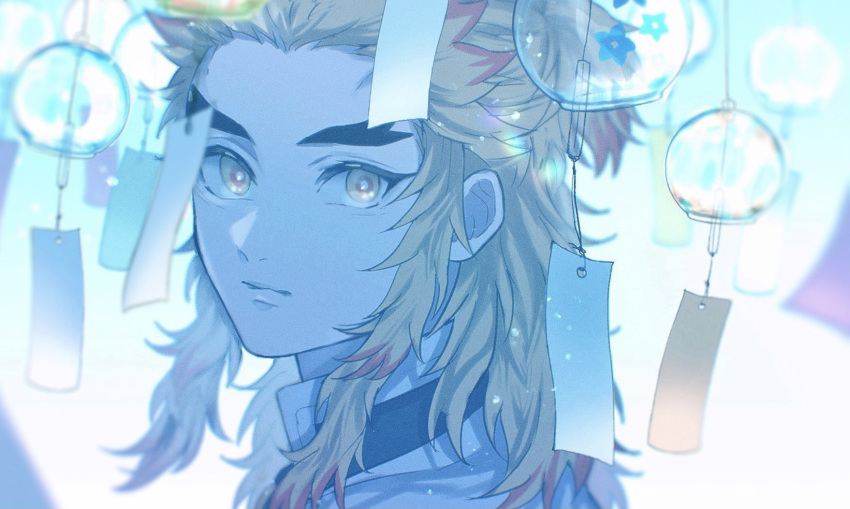 1boy, amata_(pixiv25705097), blonde_hair, blue_theme, blurry, colored_tips, day, demon_slayer_uniform, depth_of_field, forked_eyebrows, from_side, half_updo, highres, kimetsu_no_yaiba, light_particles, looking_at_viewer, looking_to_the_side, male_focus, medium_hair, multicolored_eyes, multicolored_hair, portrait, red_eyes, redhead, rengoku_kyoujurou, sidelocks, solo, streaked_hair, white_background, wind_chime, yellow_eyes