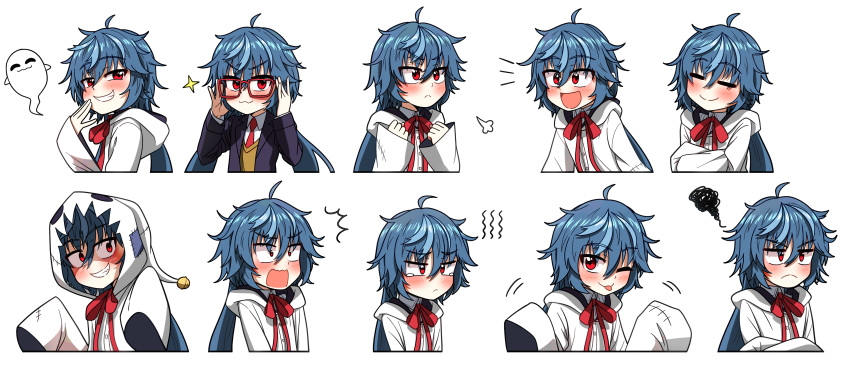 1girl, absurdres, blue_hair, ddolbang, glasses, highres, hood, hoodie