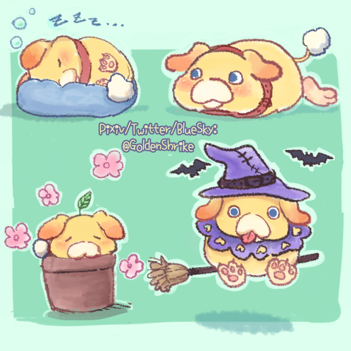 animal_collar, animal_ears, animal_focus, bat_(animal), bean_bag_chair, belt_buckle, blue_eyes, blush, broom, broom_riding, buckle, closed_eyes, clothing_cutout, collar, commentary, dog, dog_ears, dog_tail, english_commentary, floppy_ears, flower, flower_pot, goldenshrike, green_background, halloween, halloween_costume, hat, heart_cutout, in_pot, lying, mixed-language_commentary, multiple_views, no_humans, oatchi_(pikmin), on_side, on_stomach, outline, pikmin_(series), pikmin_4, pink_flower, pixiv_username, purple_collar, purple_headwear, red_collar, sleep_bubble, sleeping, straight-on, tail, tongue, tongue_out, twitter_username, witch_hat, yellow_fur, zzz