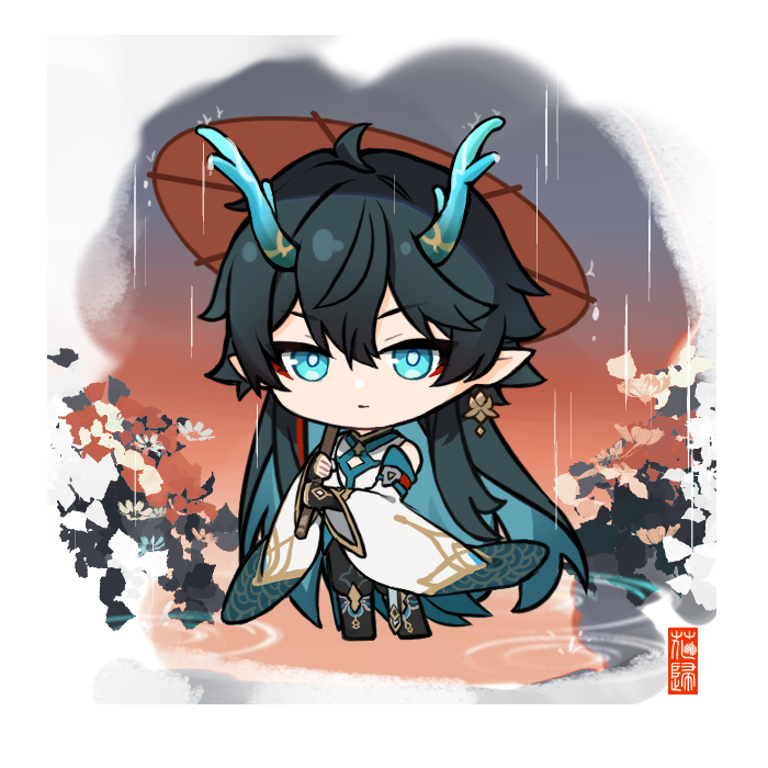1boy, black_hair, chibi, chinese_clothes, closed_mouth, colored_inner_hair, dan_heng_(honkai:_star_rail), dan_heng_(imbibitor_lunae)_(honkai:_star_rail)