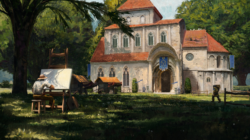 4boys, absurdres, banner, building, canvas_(object), carrying, commentary, dappled_sunlight