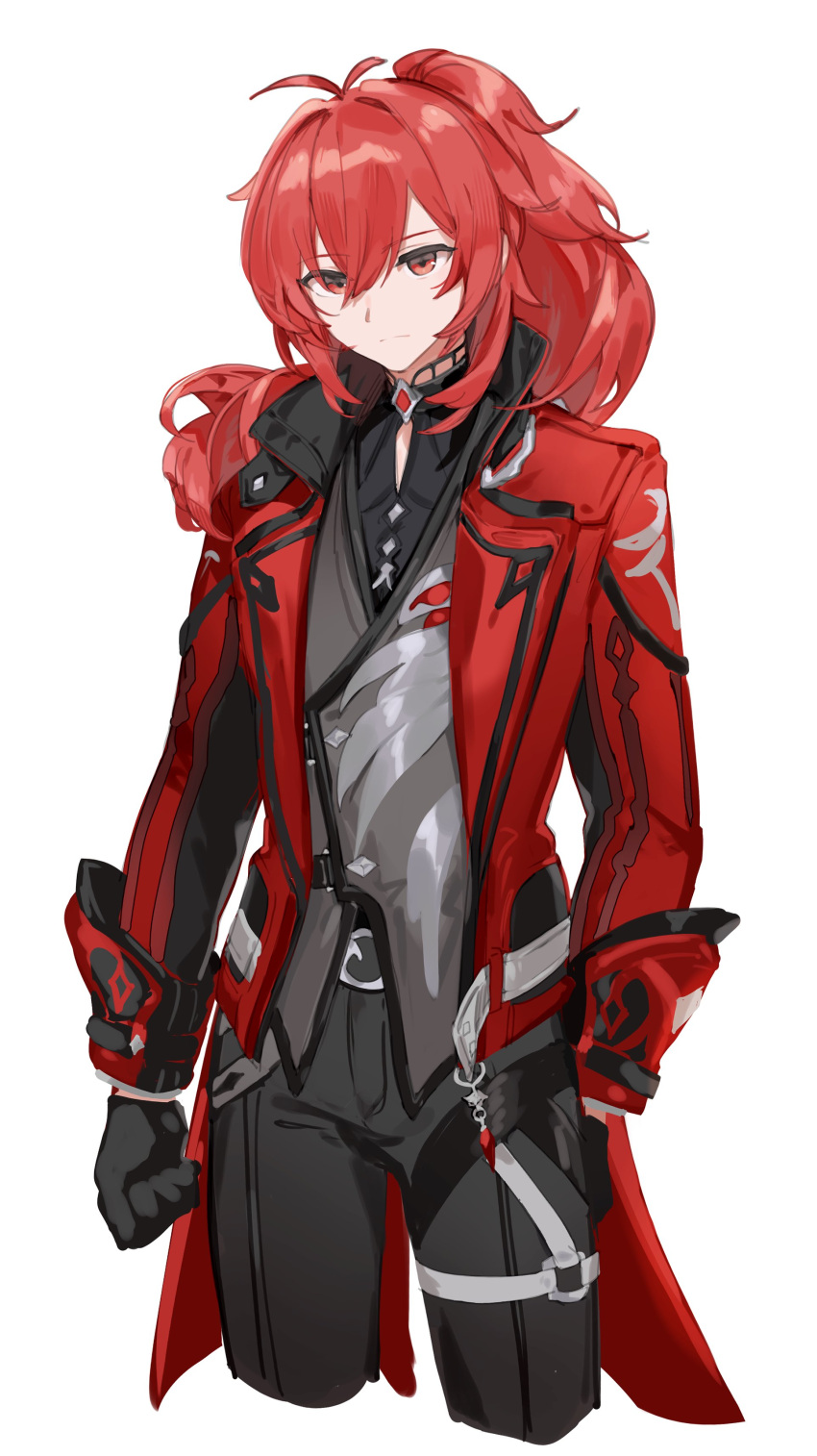 1boy, absurdres, antenna_hair, arms_at_sides, black_gloves, black_pants, clenched_hand, coat