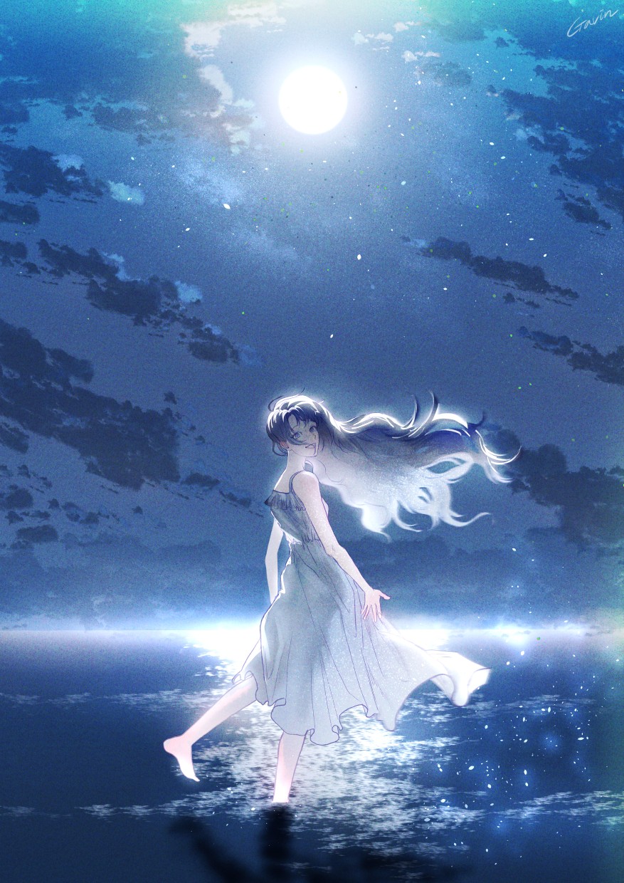 1girl, :d, artist_name, bare_shoulders, barefoot, blue_eyes, blue_hair, blue_theme, commentary, dress, floating_hair, from_side, full_moon, gavin_(jypic), hair_over_face, happy, highres, horizon, long_hair, looking_at_viewer, moon, moonlight, nature, night, night_sky, ocean, open_mouth, original, outdoors, see-through_silhouette, shadow, signature, sky, sleeveless, sleeveless_dress, smile, solo, sparkle, standing, standing_on_one_leg, star_(sky), symbol-only_commentary, very_long_hair, wading, water, wavy_hair, white_dress, white_hair