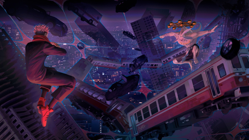 absurdres, battle, blue_clothing, blue_jacket, blue_pants, building, cities, cityscape