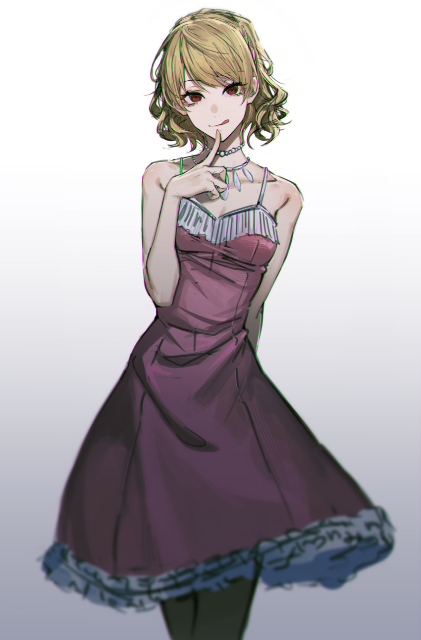 1girl, :q, absurdres, arm_behind_back, bare_arms, bare_shoulders, blonde_hair, blurry