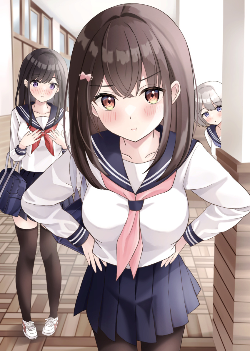 2girls, :t, bag, blue_sailor_collar, blue_skirt, blush, bow, breasts