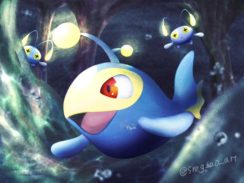:o, animal_focus, antennae, artist_name, blue_skin, blurry, blurry_foreground, bubble, chinchou, colored_sclera, colored_skin, commentary_request, cross-shaped_pupils, evolutionary_line, lanturn, no_humans, pokemon, pokemon_(creature), red_eyes, sreg_ao_art, symbol-shaped_pupils, tail, underwater, yellow_sclera