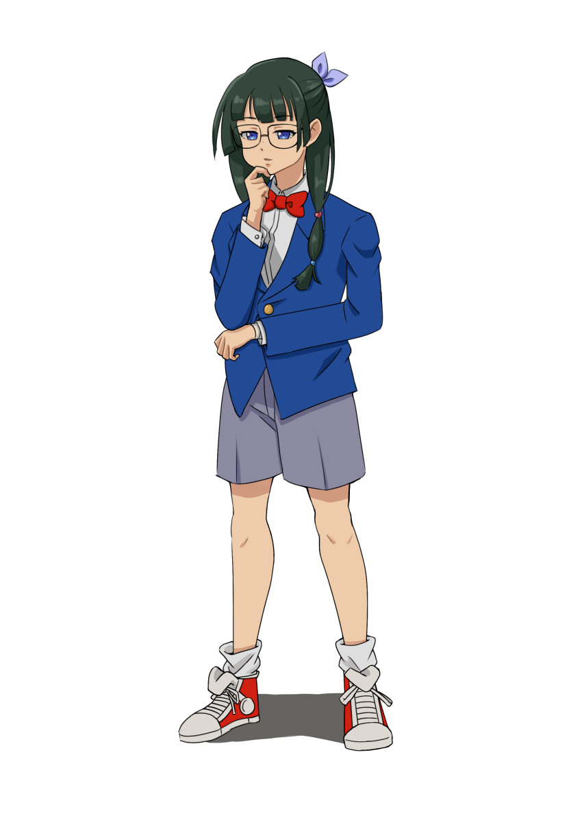 1girl, absurdres, bad_link, black_hair, blazer, blue_eyes, bow, bowtie
