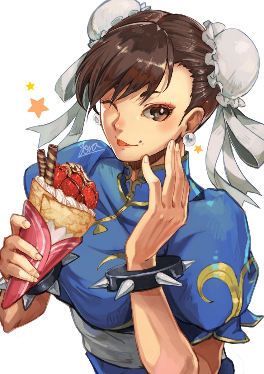 1girl, :p, blue_dress, bracelet, brown_eyes, brown_hair, bun_cover, china_dress