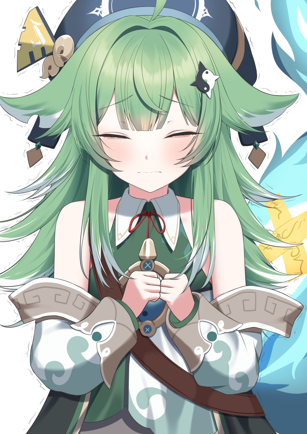1girl, bad_hands, bare_shoulders, black_headwear, blush, brown_hair, closed_eyes, colored_tips