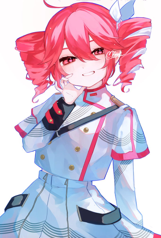 1girl, ahoge, blush, bow, buttoned_cuffs, buttons, cosplay, dot_pupils, double-breasted, drill_hair, grey_jacket, grey_skirt, hair_between_eyes, hand_on_own_cheek, hand_on_own_face, jacket, kasane_teto, kasane_teto_(cosplay), kasane_teto_(sv), layered_skirt, mihanada_mui, musical_staff_print, parted_lips, red_eyes, red_trim, redhead, shoulder_belt, shoulder_boards, shoulder_strap, signature, simple_background, skirt, sleeve_cuffs, smile, solo, striped, synthesizer_v, teeth, tsurime, twin_drills, twintails, uniform, upper_body, utau, white_background, white_bow