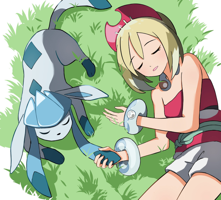 1girl, bare_shoulders, bracelet, closed_eyes, glaceon, grass, highres, irida_(pokemon)