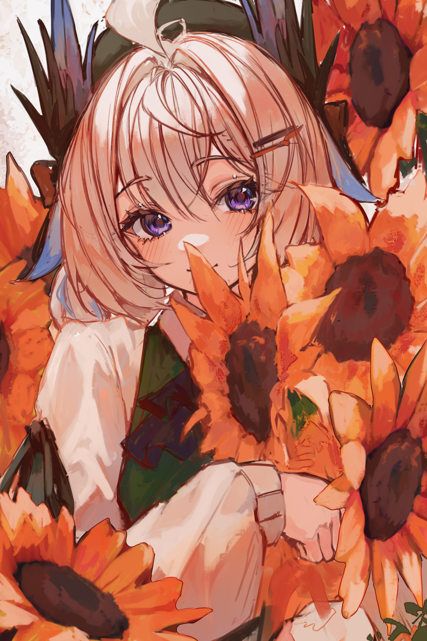 1girl, absurdres, blonde_hair, blue_hair, blush, enna_alouette, enna_alouette_(3rd_costume), flower
