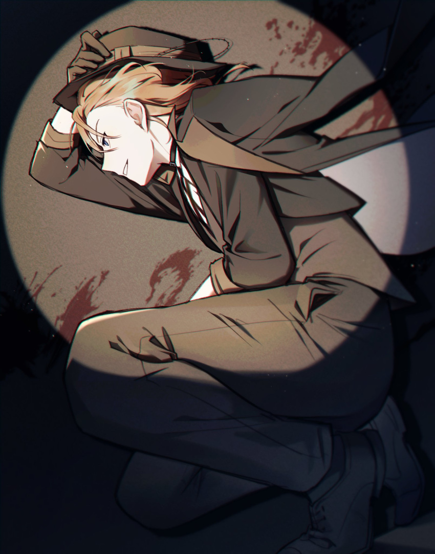 1boy, arm_up, black_choker, black_footwear, black_gloves, black_headwear, black_jacket, black_pants, black_vest, blood, blood_splatter, blue_eyes, bungou_stray_dogs, choker, full_body, gloves, hand_on_own_head, hat, highres, jacket, jacket_on_shoulders, male_focus, mangseok_bsd, nakahara_chuuya, orange_hair, pants, profile, shirt, shoes, short_hair, sleeves_rolled_up, smile, solo, spotlight, squatting, vest, white_shirt