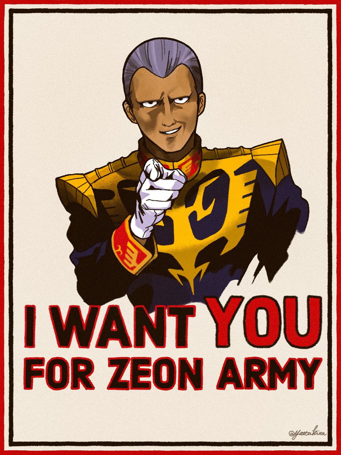 1boy, blue_jacket, commentary_request, cropped_torso, dark-skinned_male, dark_skin, english_text, gihren_zabi
