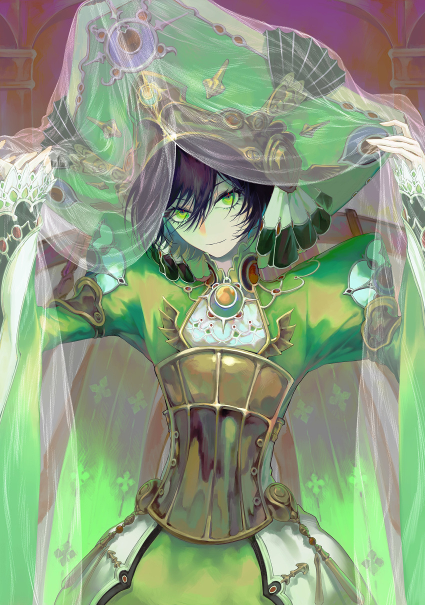 1girl, absurdres, androgynous, armor, black_hair, brooch, closed_mouth, cowboy_shot