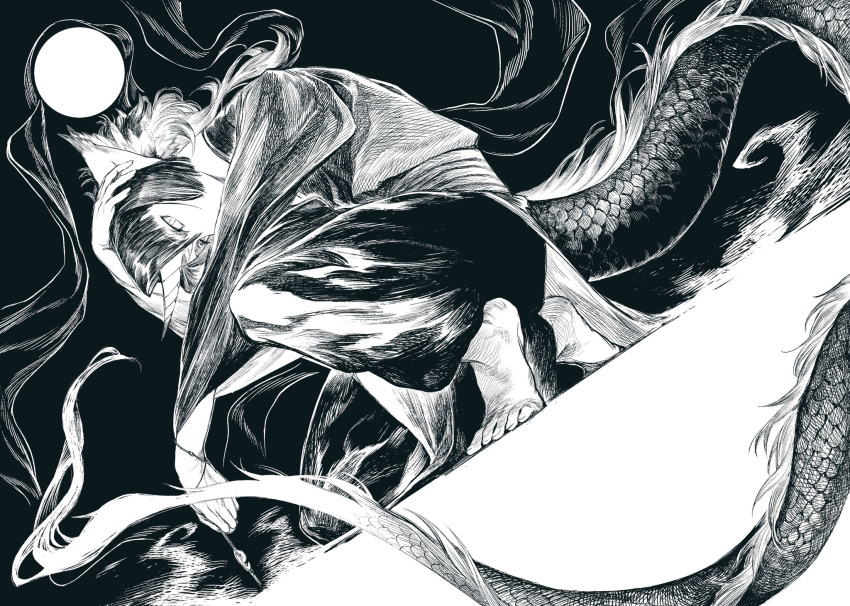 1boy, animal_ear_fluff, animal_ears, barefoot, clear_sky, commentary, dragon, dragon_boy