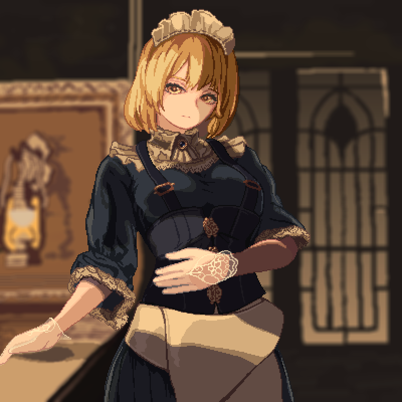 blonde_hair, blue_dress, brooch, corset, door, dress, frilled_sleeves, frills