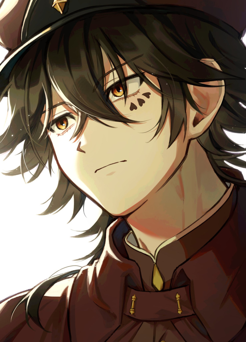 1boy, black_hair, bungou_stray_dogs, cloak, closed_mouth, facial_mark, hat, heart, heart_facial_mark, highres, male_focus, mangseok_bsd, medium_hair, portrait, red_cloak, red_headwear, red_shirt, shirt, simple_background, solo, suehiro_tetchou_(bungou_stray_dogs), tsurime, white_background, yellow_eyes